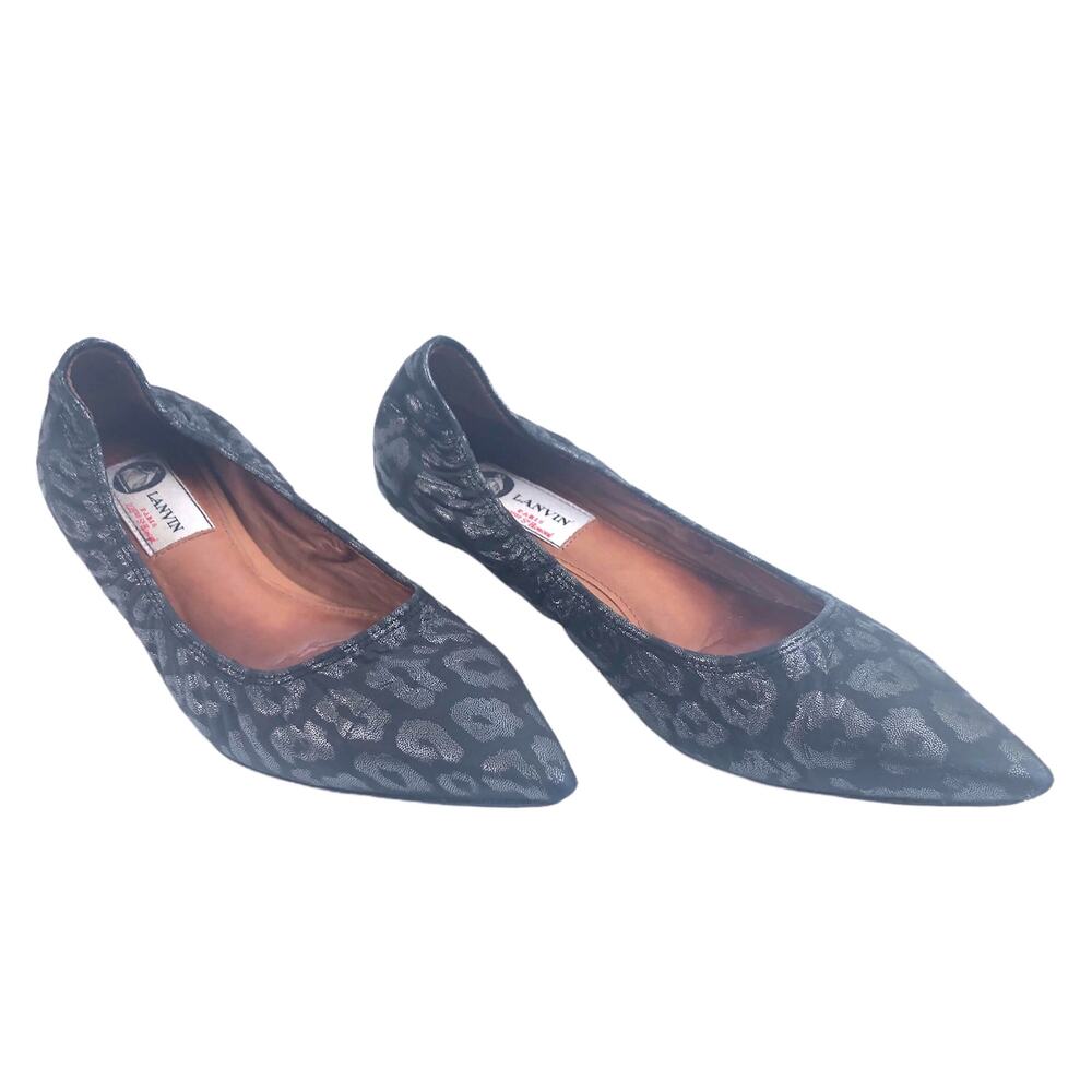 Lanvin Paris Shoes Kitten Heel Points Leopard Pattern Grey Silver Black 37